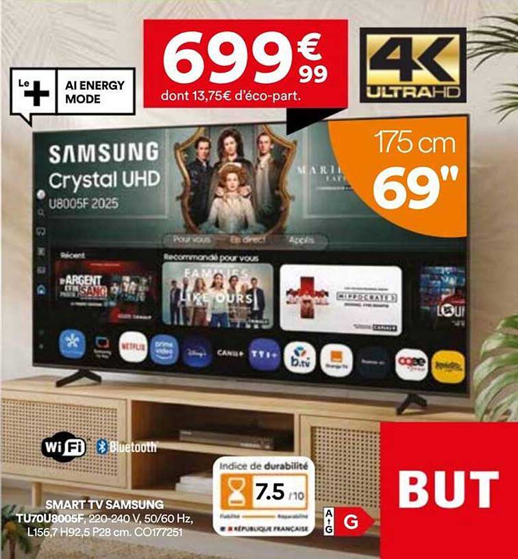 SMART TV SAMSUNG TU70U8005F, 220-240 V, 50/60 Hz, L156,7 H92,5 P28 cm. C0177251