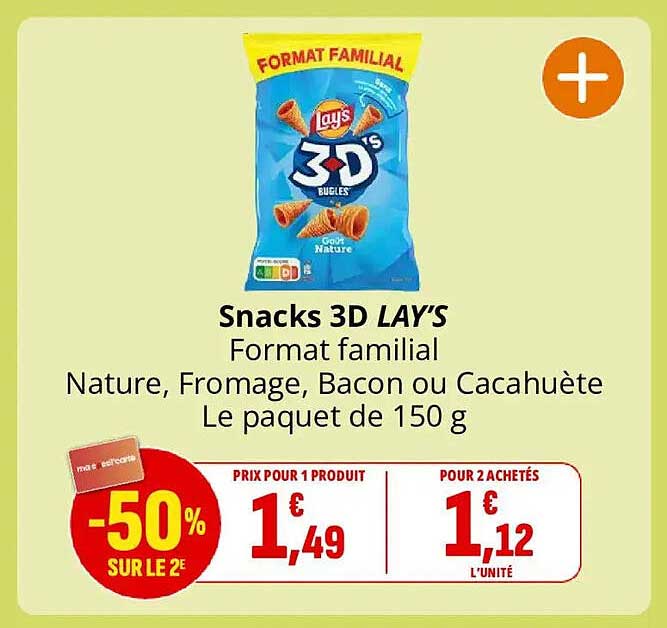 Snacks 3D LAY’S Format familial Nature, Fromage, Bacon ou Cacahuète Le paquet de 150 g