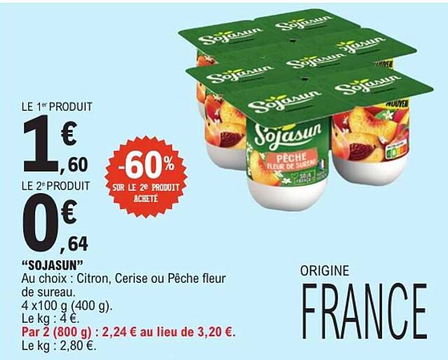 “SOJASUN” Au choix : Citron, Cerise ou Pêche fleur de sureau. 4 x 100 g (400 g).