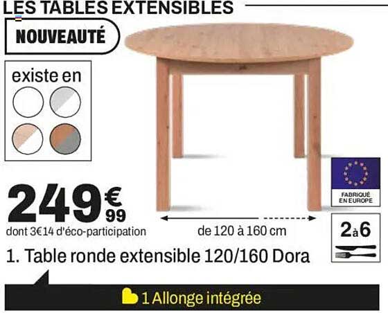 Table ronde extensible 120/160 Dora