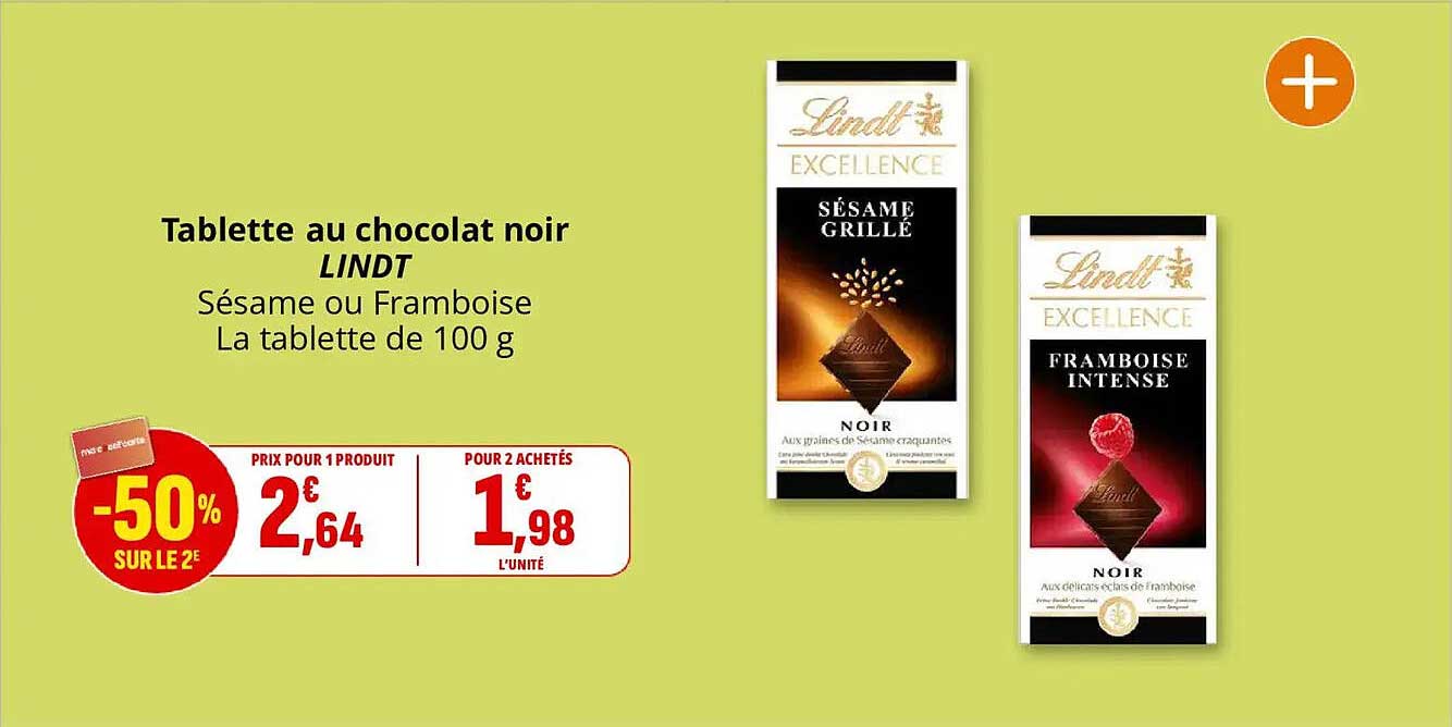 Tablette au chocolat noir LINDT Sésame ou Framboise La tablette de 100 g