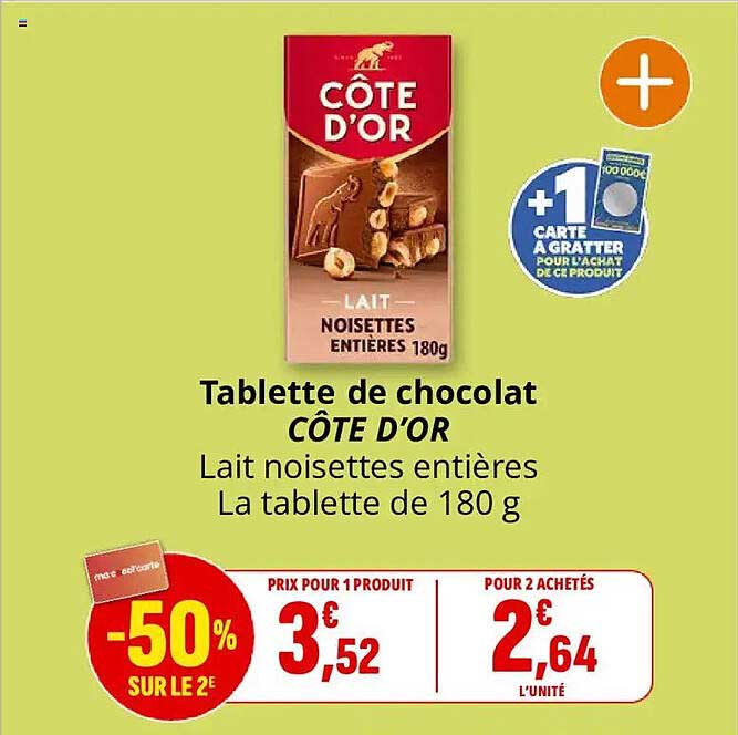 Tablette de chocolat CÔTE D'OR Lait noisettes entières La tablette de 180 g