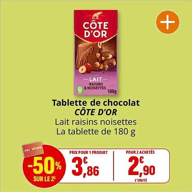 Tablette de chocolat CÔTE D'OR Lait raisins noisettes La tablette de 180 g