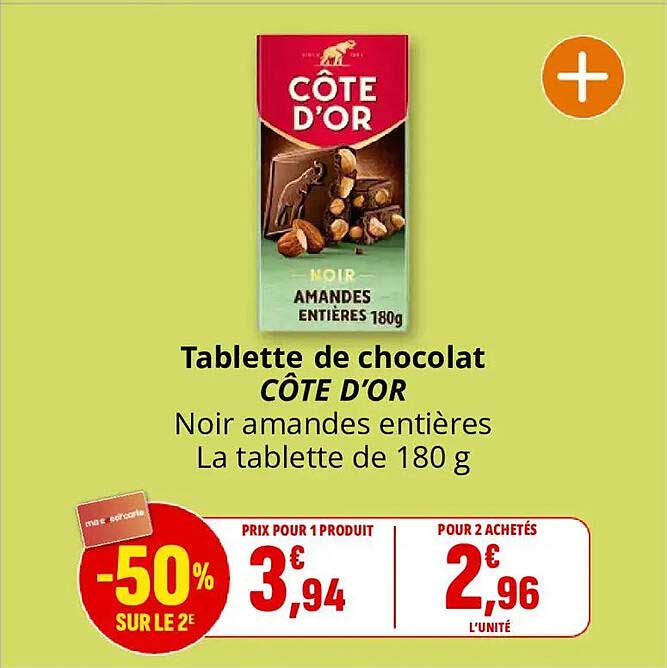 Tablette de chocolat CÔTE D'OR Noir amandes entières La tablette de 180 g