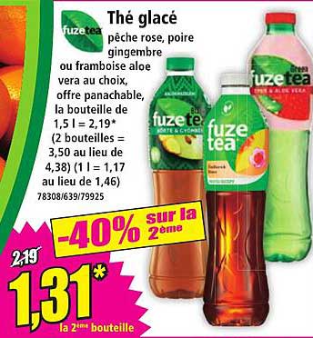 Thé glacé pêche rose, poire gingembre ou framboise aloe vera au choix, offre panachable, la bouteille de 1,5 l = 2,19*