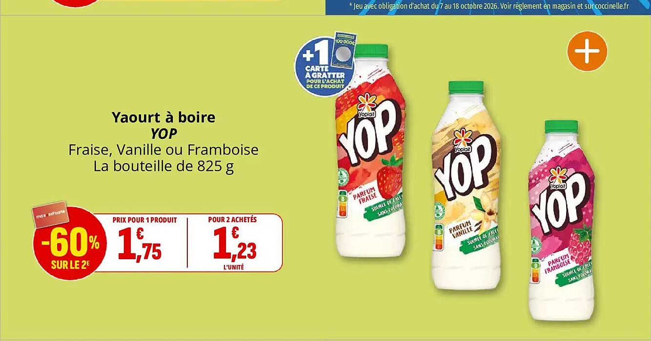 Yaourt à boire YOP Fraise, Vanille ou Framboise La bouteille de 825 g