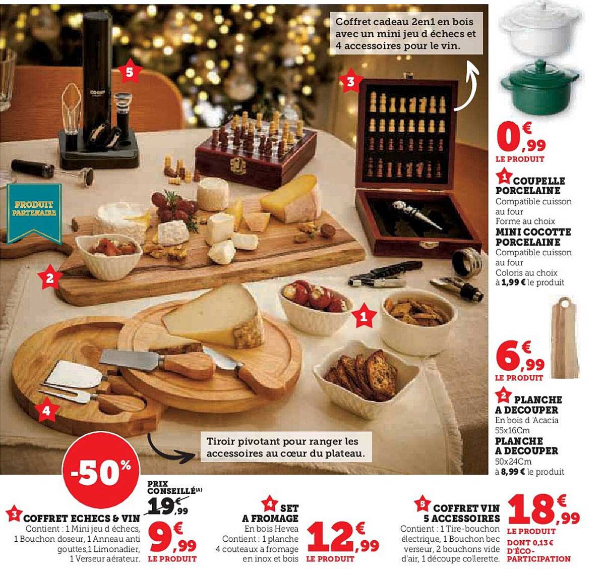 Coffret cadeau 2en1 en bois avec un mini jeu d'échecs et 4 accessoires pour le vin.