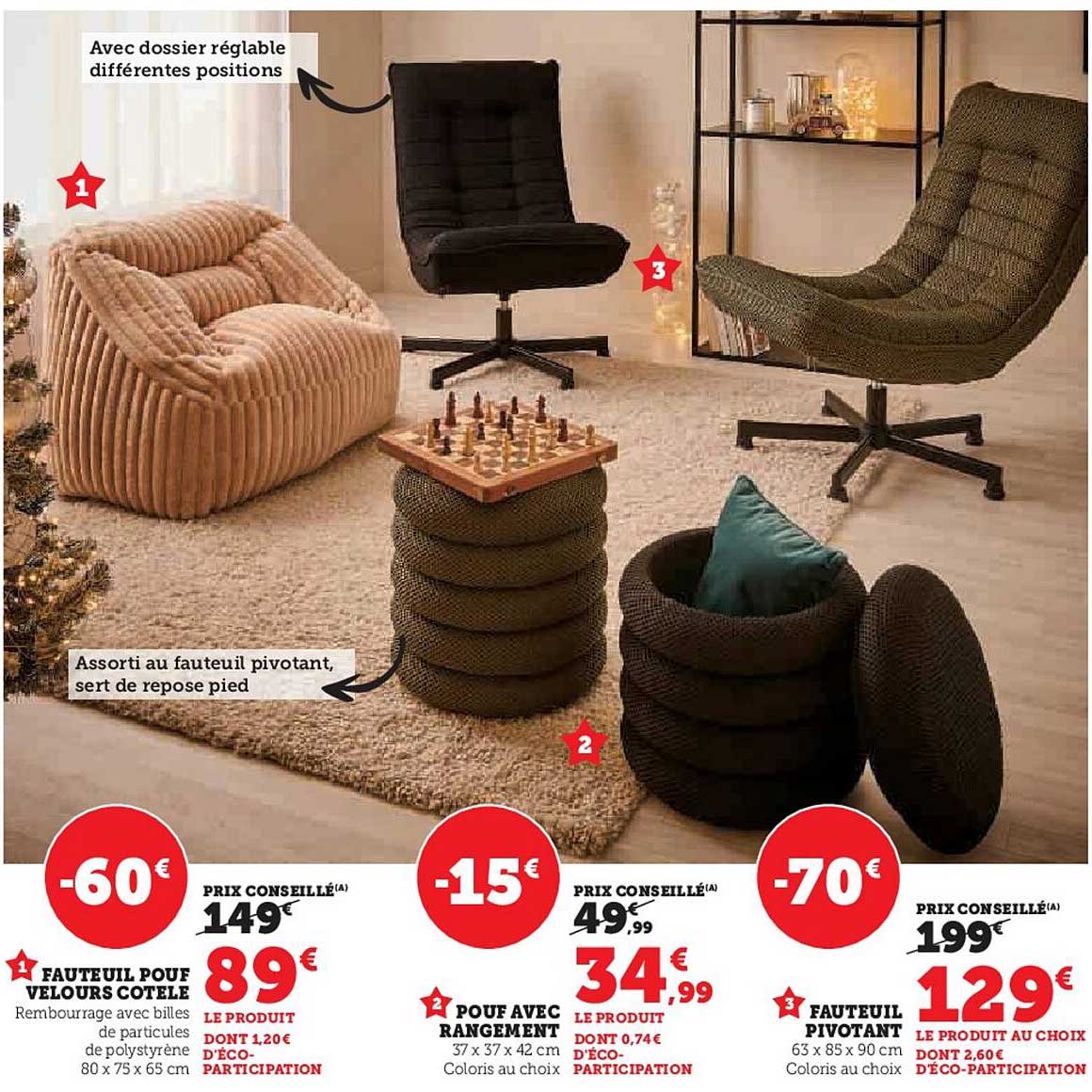 Fauteuil pouf velours côtelé