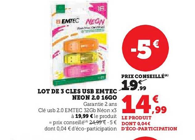 LOT DE 3 CLES USB EMTEC NEON 2.0 16GO