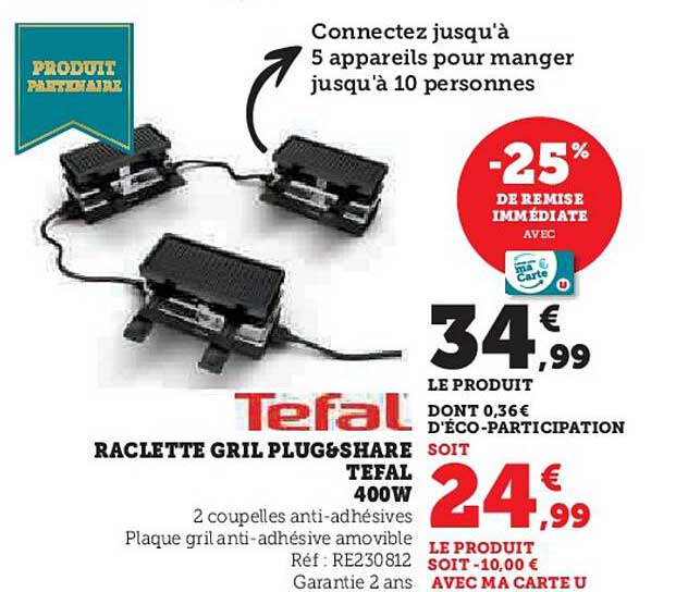 RACLETTE GRIL PLUG&SHARE TEFAL 400W