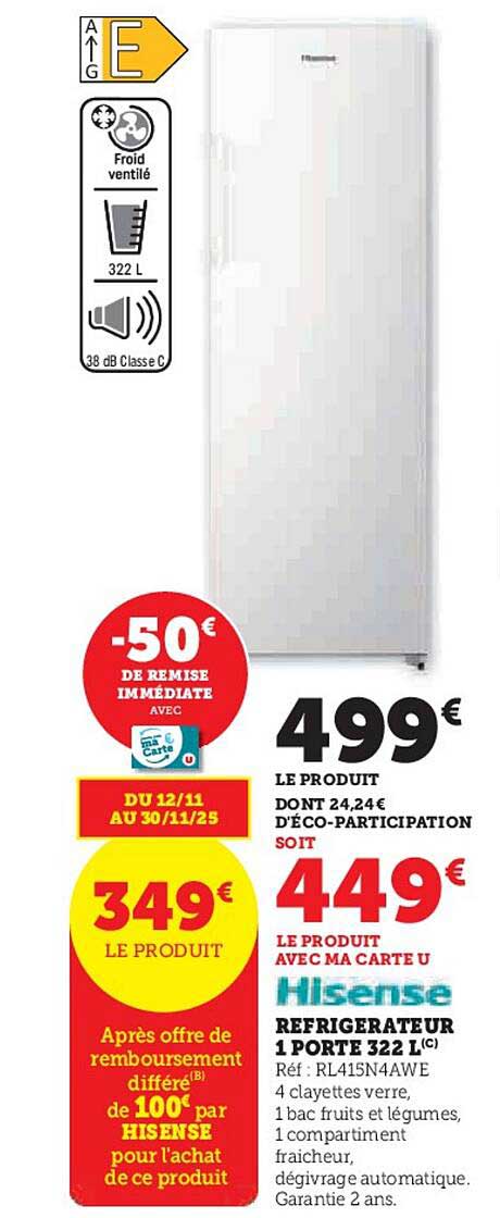 Réfrigérateur 1 porte 322 L