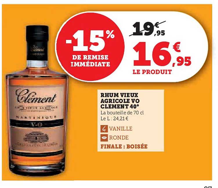 RHUM VIEUX AGRICOLE VO CLEMENT 40°