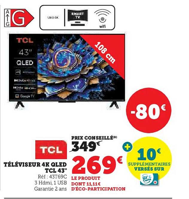TÉLÉVISEUR 4K QLED TCL 43"