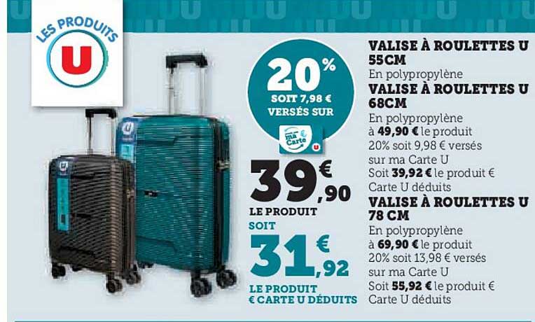 Valise à roulettes U 55cm, 68cm et 78cm en polypropylène