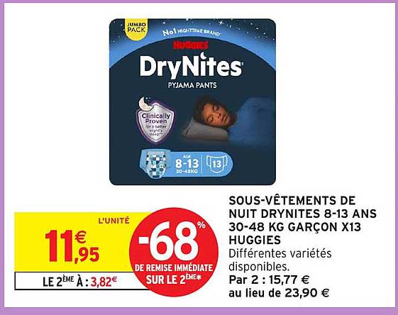 SOU.S-VÊTEMENTS DE NUIT DRYNITES 8-13 ANS 30-48 KG GARÇON X13 HUGGIES