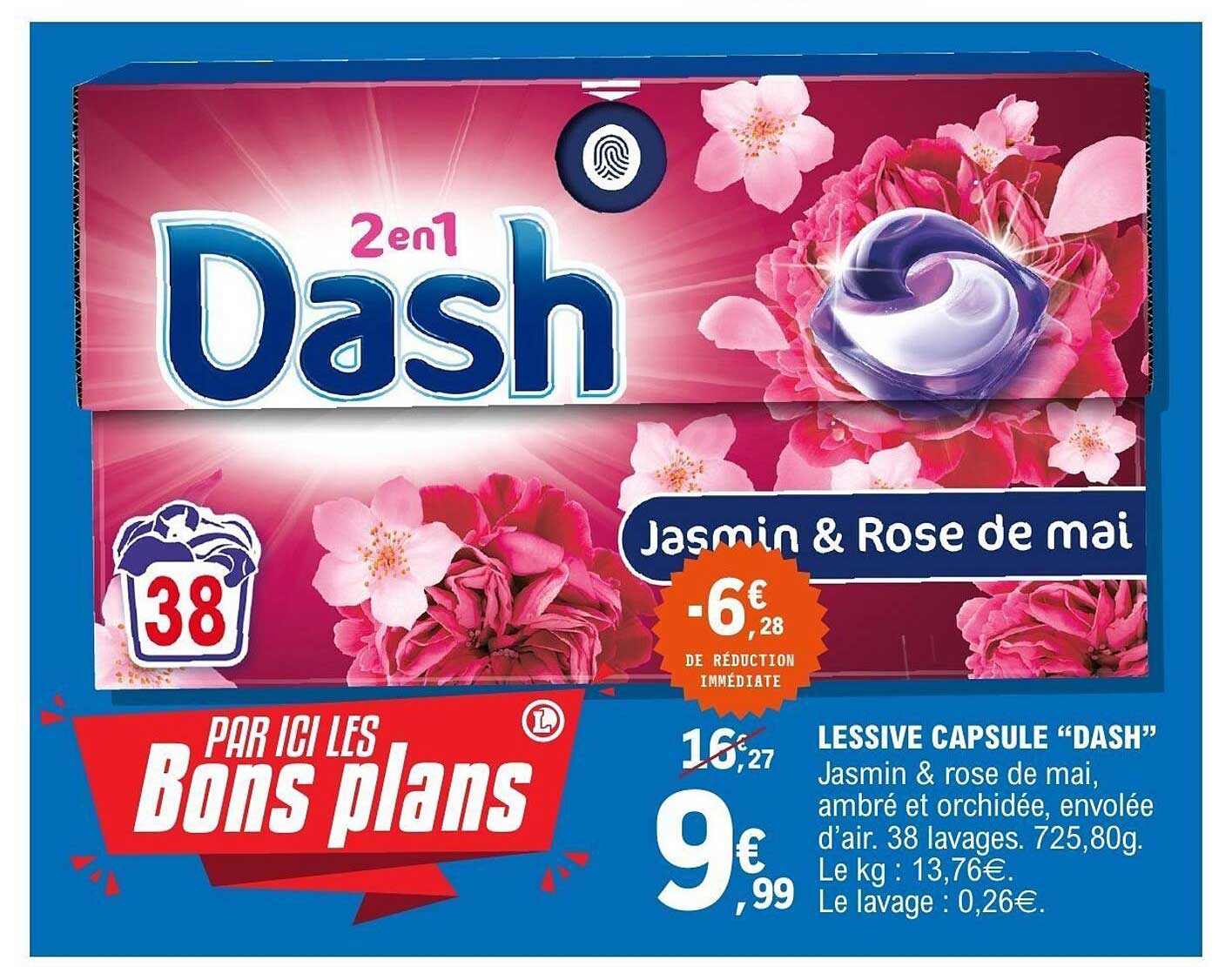 LESSIVE CAPSULE “DASH” Jasmin & rose de mai, ambré et orchidée, envoûté d’air. 38 lavages. 725,80g.