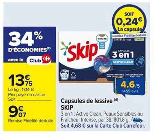Capsules de lessive SKIP 3 en 1 Active Clean