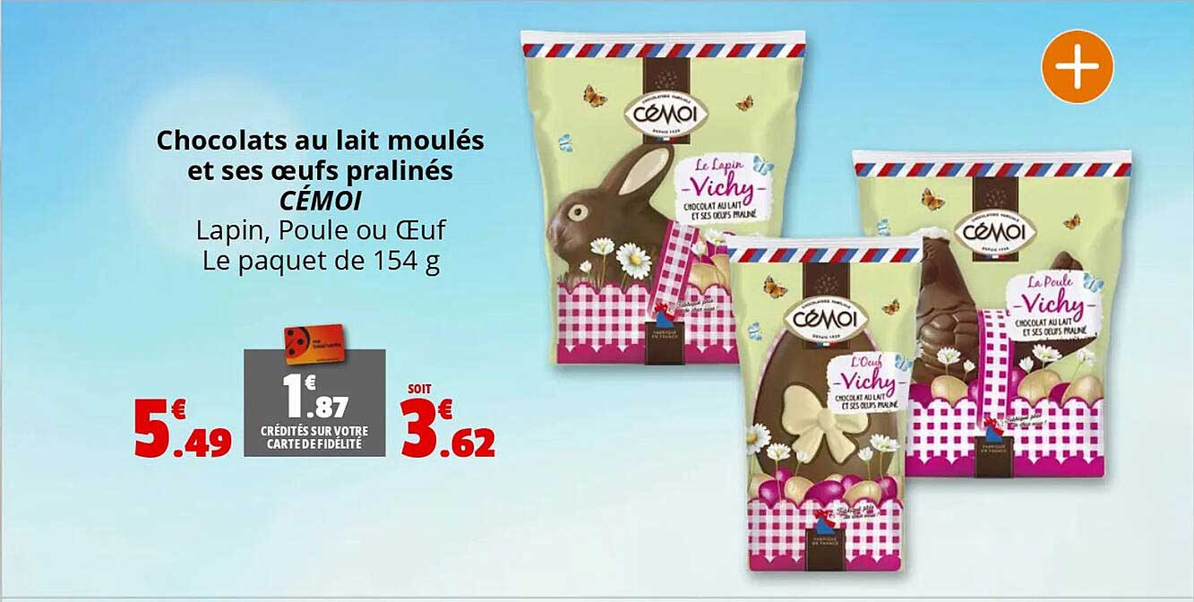 Chocolats au lait moulés et ses œufs pralinés CÉMOI Lapin, Poule ou Œuf Le paquet de 154 g