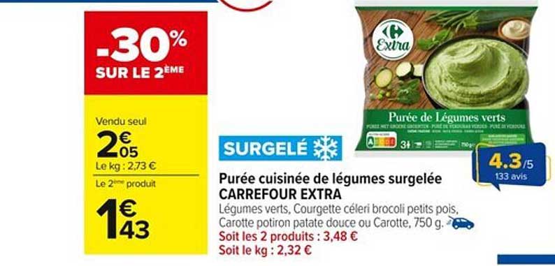 Purée cuisinée de légumes surgelée CARREFOUR EXTRA