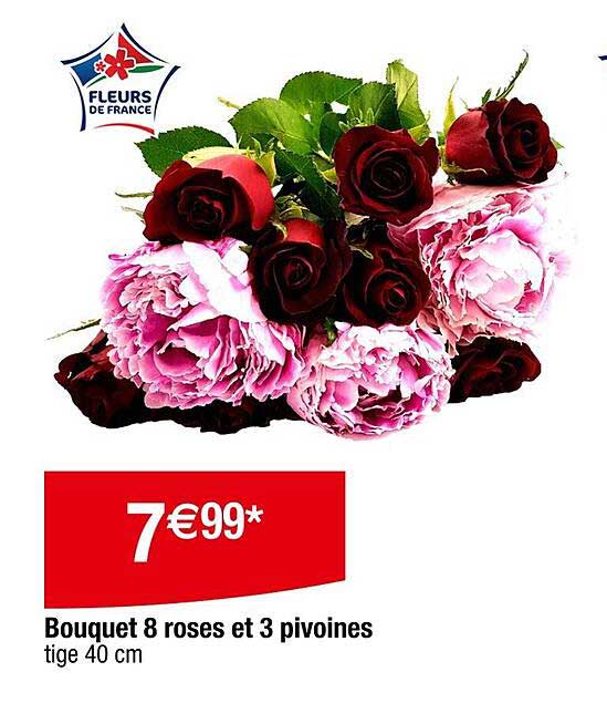 Bouquet 8 roses et 3 pivoines tige 40 cm