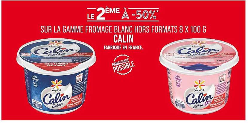 LE 2ème À -50%* SUR LA GAMME FROMAGE BLANC HORS FORMATS 8 X 100 G CALIN FABRIQUÉ EN FRANCE.