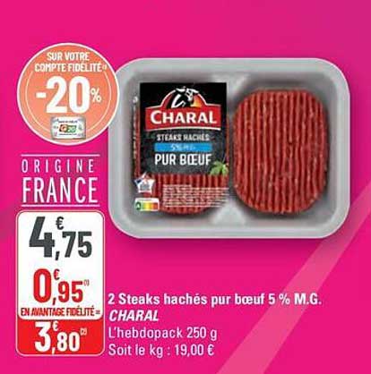 2 Steaks hachés pur bœuf 5 % M.G. CHARAL