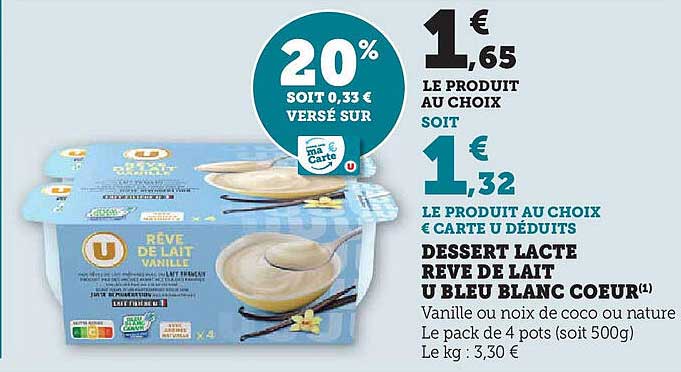 DESSERT LACTÉ RÊVE DE LAIT U BLEU BLANC CŒUR