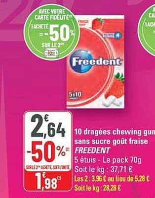 Freedent 10 dragées chewing gum sans sucre goût fraise