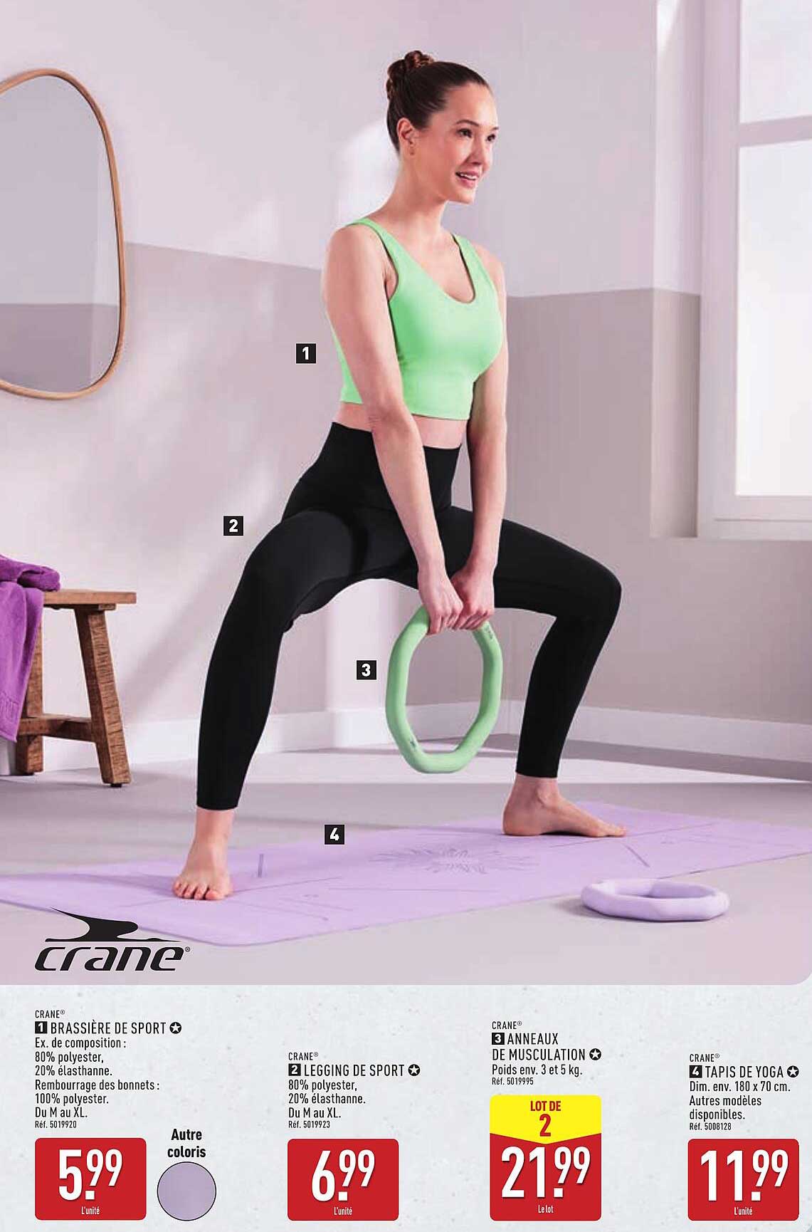Gamme de produits de sport : Brassière, Legging, Anneaux de musculation, Tapis de yoga