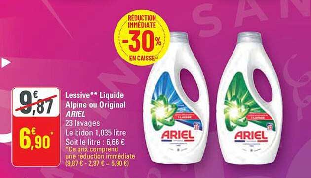 Lessive** Liquide Alpine ou Original ARIEL