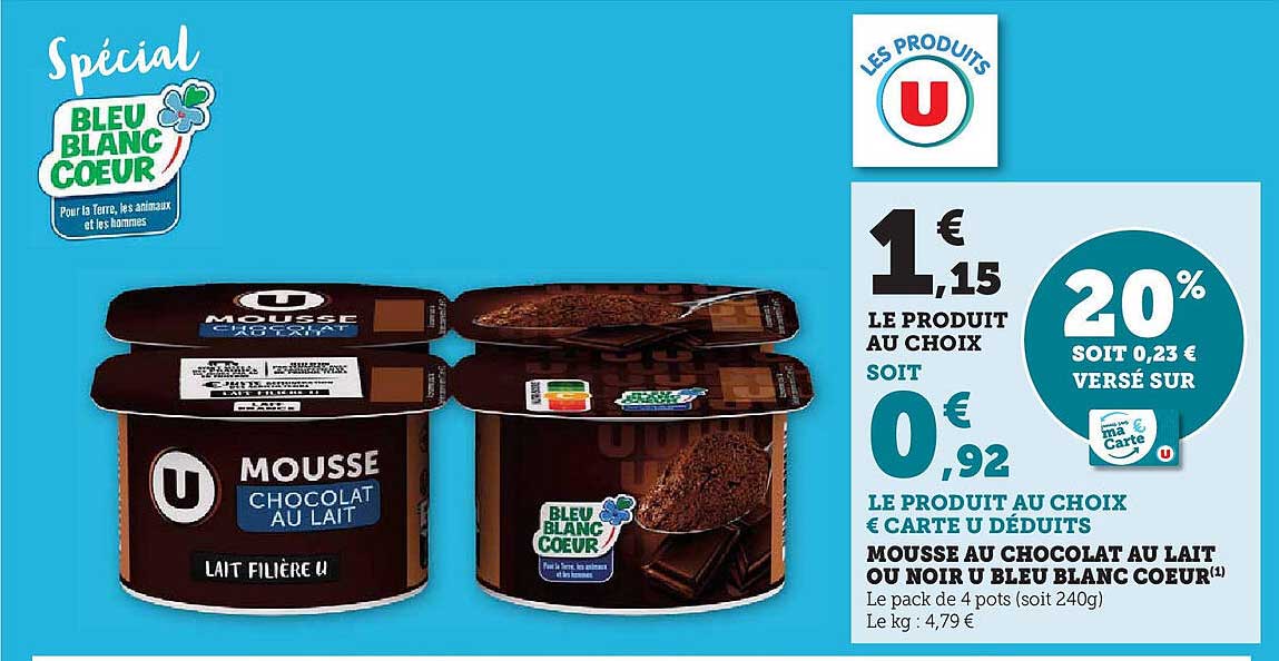 Mousse au chocolat au lait ou noir Bleu Blanc Coeur