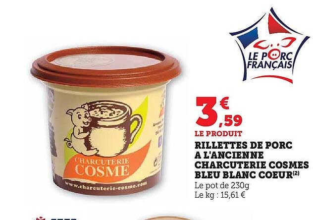 RILLETTES DE PORC A L'ANCIENNE CHARCUTERIE COSMES BLEU BLANC COEUR