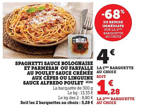SPAGHETTI SAUCE BOLOGNAISE ET PARMESAN OU FARFALLE AU POULET SAUCE CRÉMÉE AUX CÈPES OU LINGUINE SAUCE ALFREDO POULET