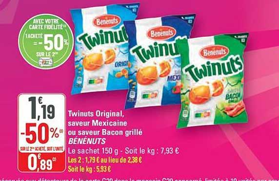 Twinuts Original, saveur Mexicaine ou saveur Bacon grillé BÉNENUTS