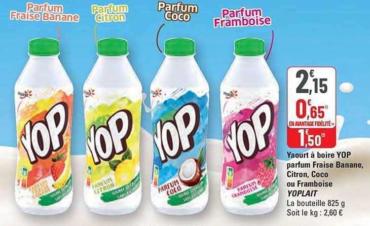 Yaourt à boire YOP parfum Fraise Banane, Citron, Coco ou Framboise