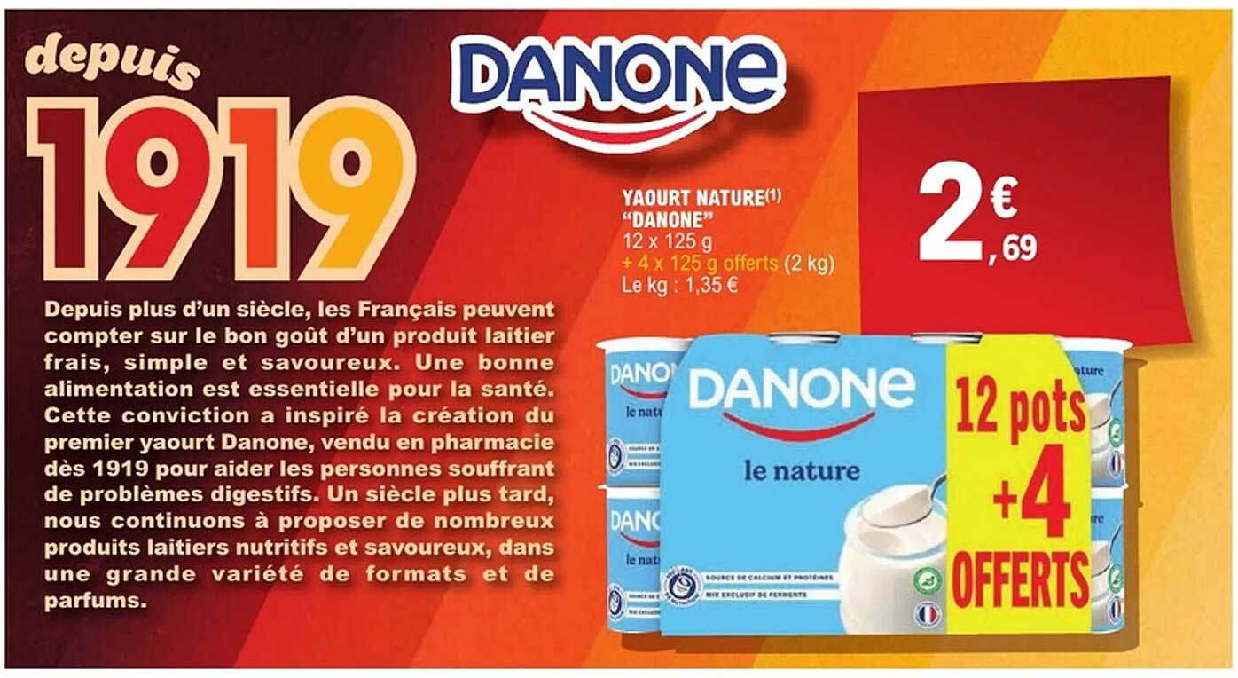 Yaourt Nature "DANONE" 12 x 125 g + 4 x 125 g offerts