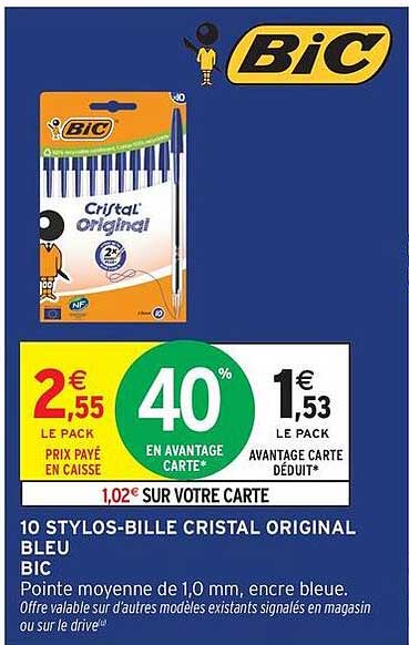 10 STYLOS-BILLE CRISTAL ORIGINAL BLEU BIC