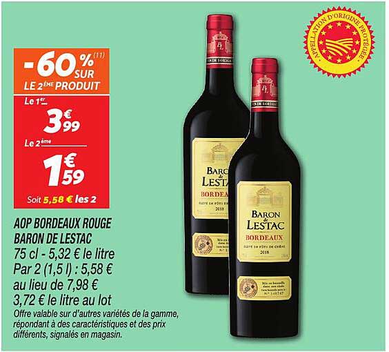 AOP BORDEAUX ROUGE BARON DE LESTAC 75 cl - 5,32 € le litre