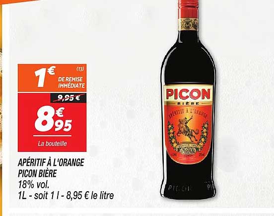 APÉRITIF À L'ORANGE PICON BIÈRE 18% vol. 1L - soit 1 l - 8,95 € le litre
