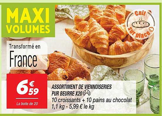 ASSORTIMENT DE VIENNOISERIES PUR BEURRE X20 10 croissants + 10 pains au chocolat 1,1 kg - 5,99 € le kg