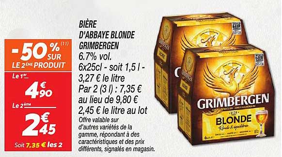 BIÈRE D'ABBAYE BLONDE GRIMBERGEN 6.7% vol. 6x25cl - soit 1,5 l - 3,27 € le litre Par 2 (3 l) : 7,35 € au lieu de 9,80 € 2,45 € le litre au lot
