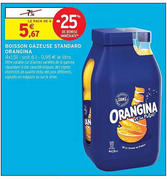 BOISSON GAZEUSE STANDARD ORANGINA 4x1,5 l - soit 6 l - 0,95 € le litre