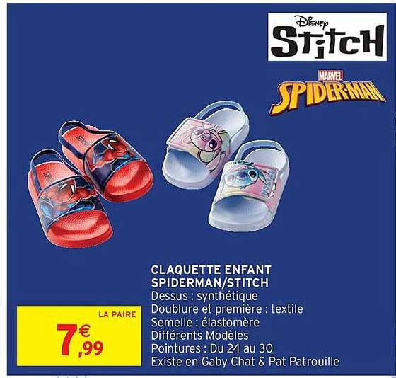 CLAQUETTE ENFANT SPIDERMAN/STITCH