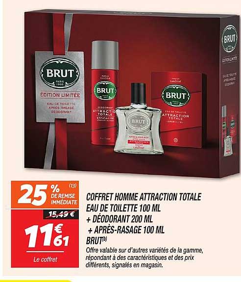 COFFRET HOMME ATTRACTION TOTALE EAU DE TOILETTE 100 ML + DÉODORANT 200 ML + APRÈS-RASAGE 100 ML BRUT