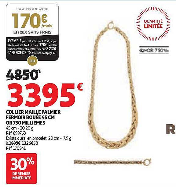 COLLIER MAILLE PALMIER FERMOIR BOUGÉ 45 CM OR 750 MILLIÈMES