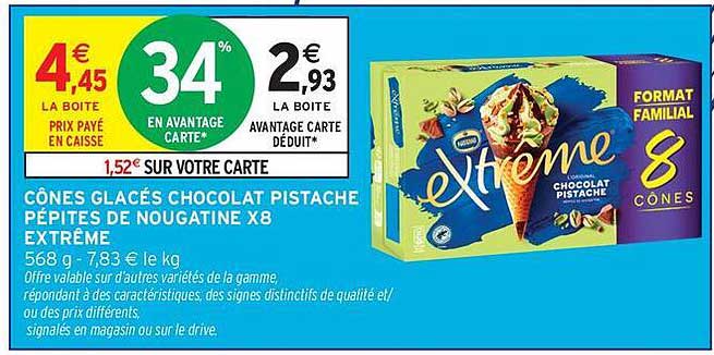 CÔNES GLAÇÉS CHOCOLAT PISTACHE PÉPITES DE NOUGATINE X8 EXTRÊME