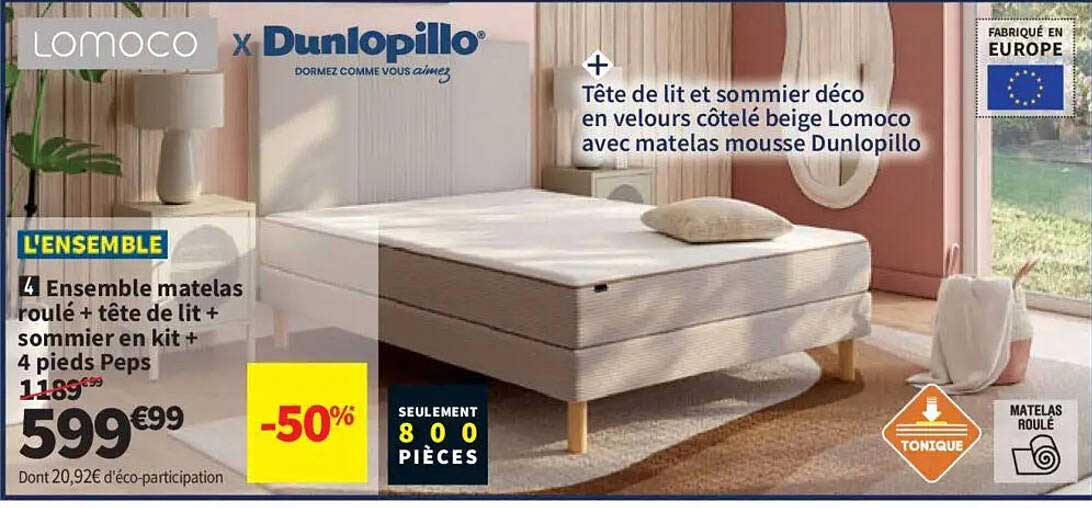 Ensemble matelas roulé + tête de lit + sommier en kit + 4 pieds Peps