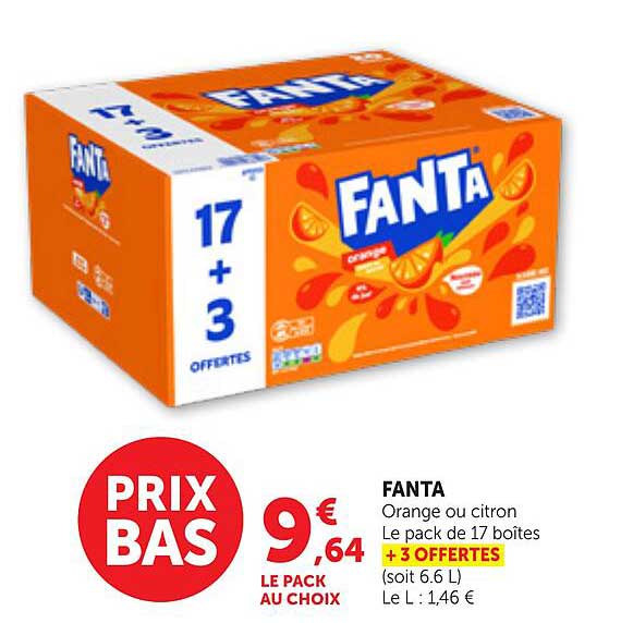 FANTA Orange ou citron Le pack de 17 boîtes + 3 offertes