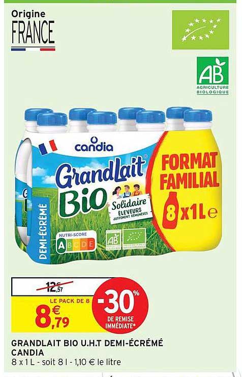 GRANDLAIT BIO U.H.T DEMI-ÉCRÉMÉ CANDIA 8 x 1 L - soit 8 l - 1,10 € le litre