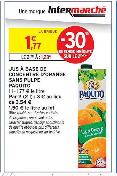 JUS À BASE DE CONCENTRÉ D'ORANGE SANS PULPE PAQUITO